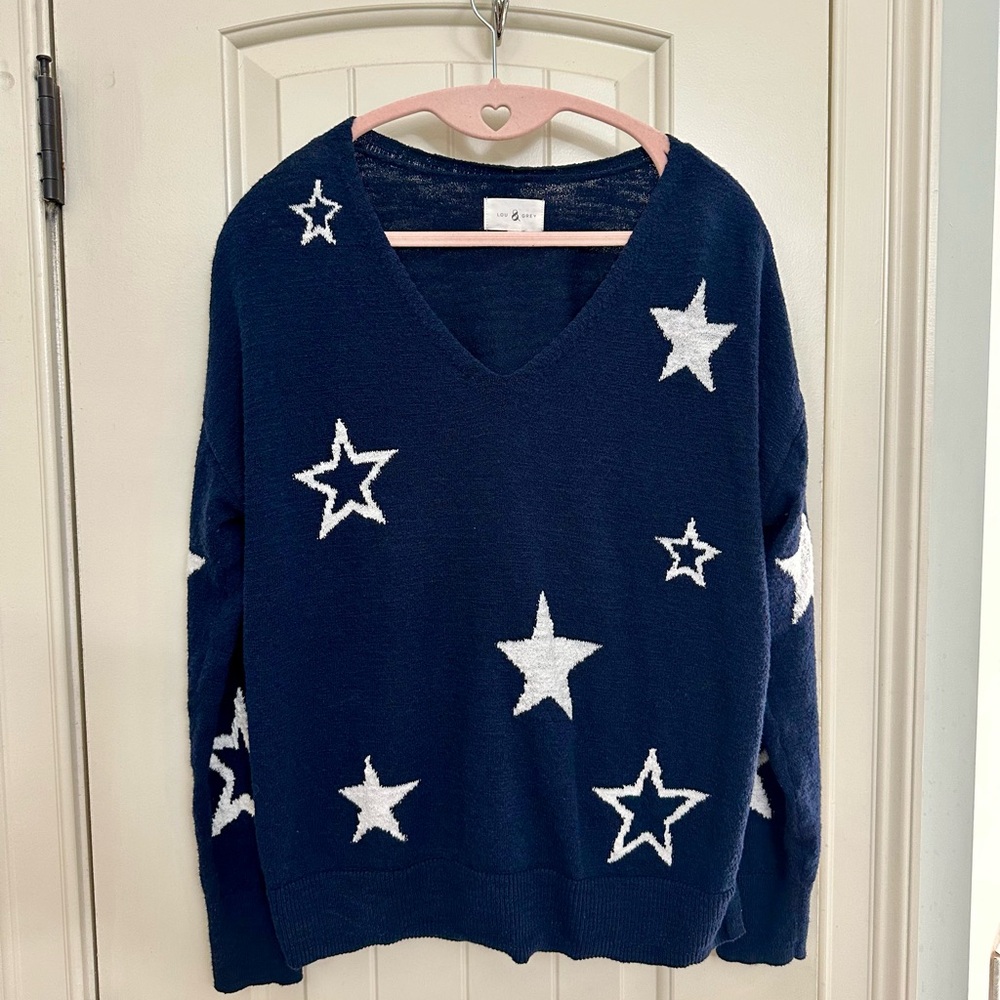 Loft Star Pattern V-Neck Sweater - Navy / White